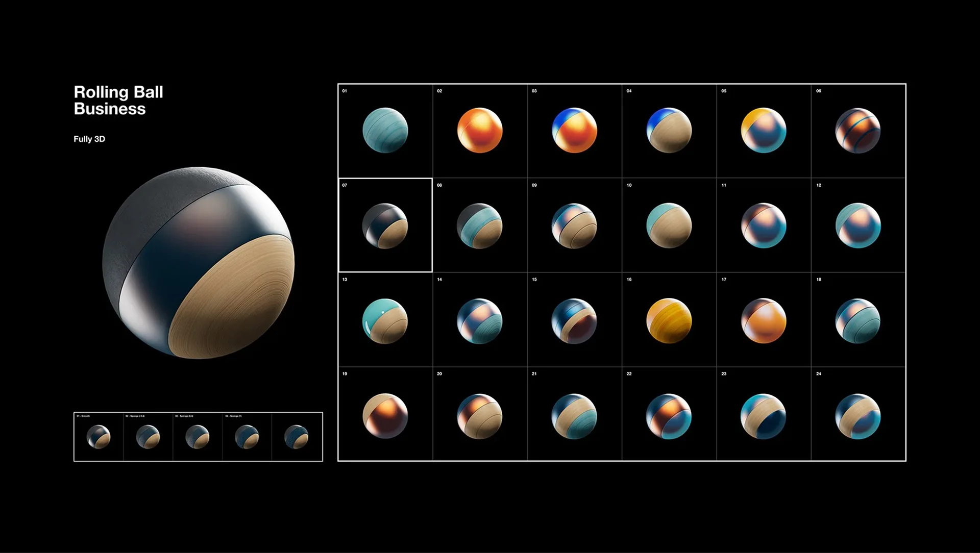 A design matrix showing various 3d rolling balls with a central larger ball highlighted among smaller balls.