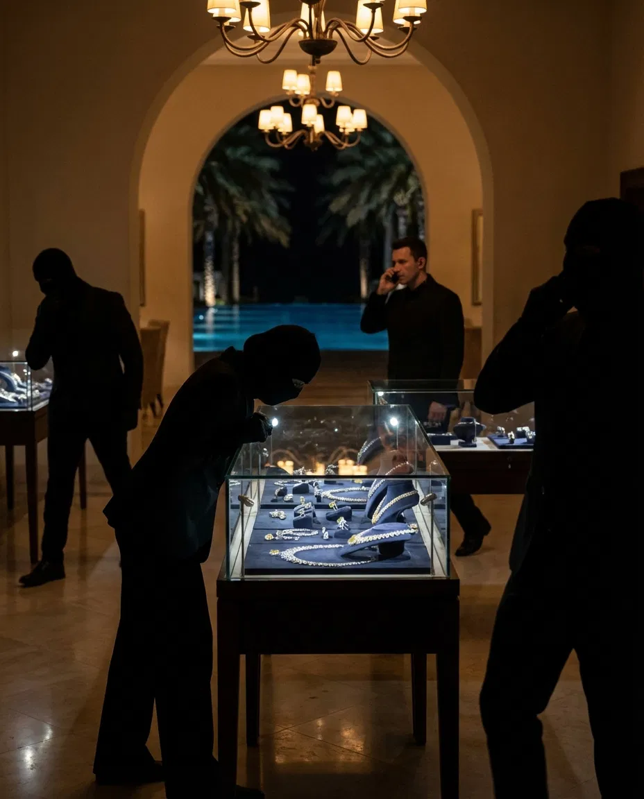 Dramatic conceptual depiction of an international jewel heist gang resembling the Pink Panthers