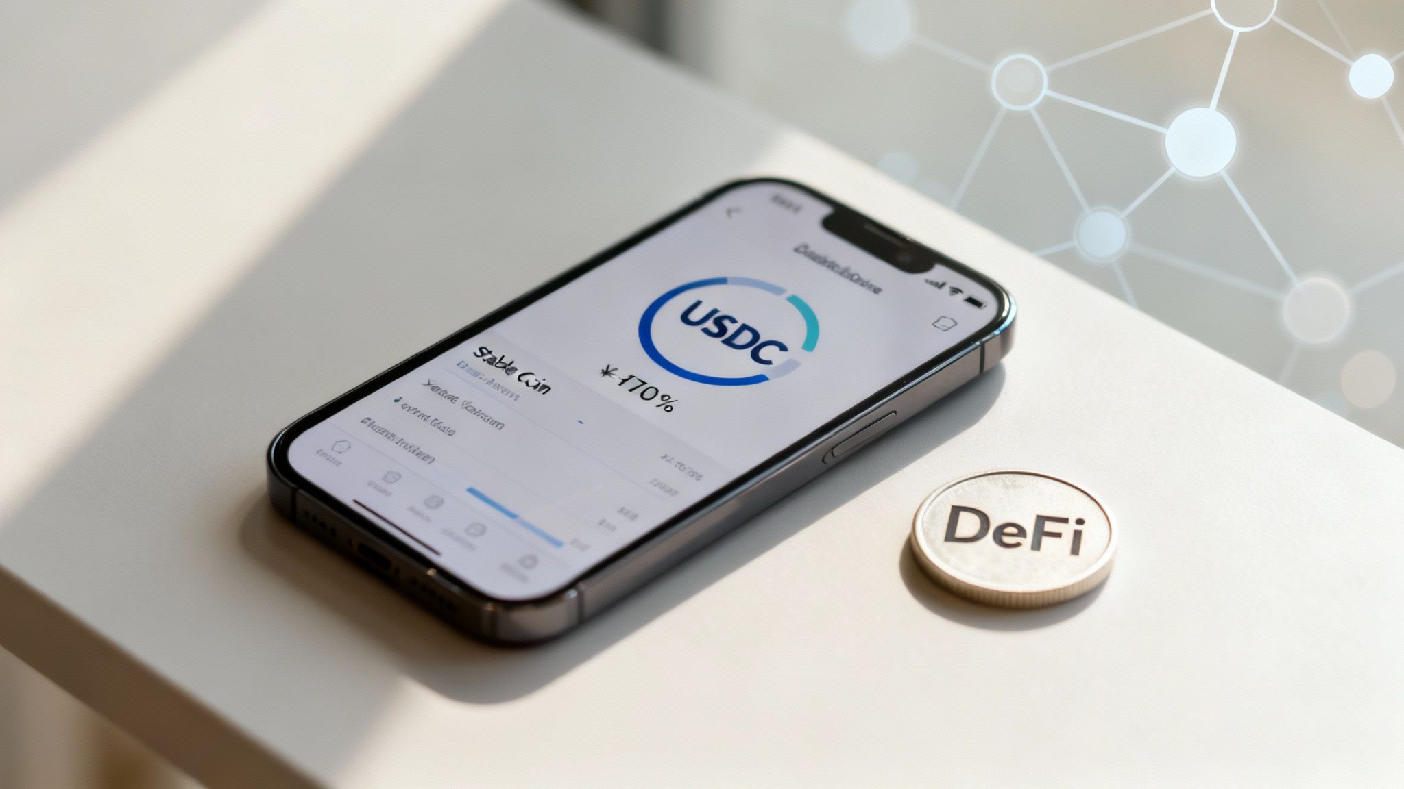 A smartphone displaying USDC stablecoin information next to a DeFi coin on a white surface.