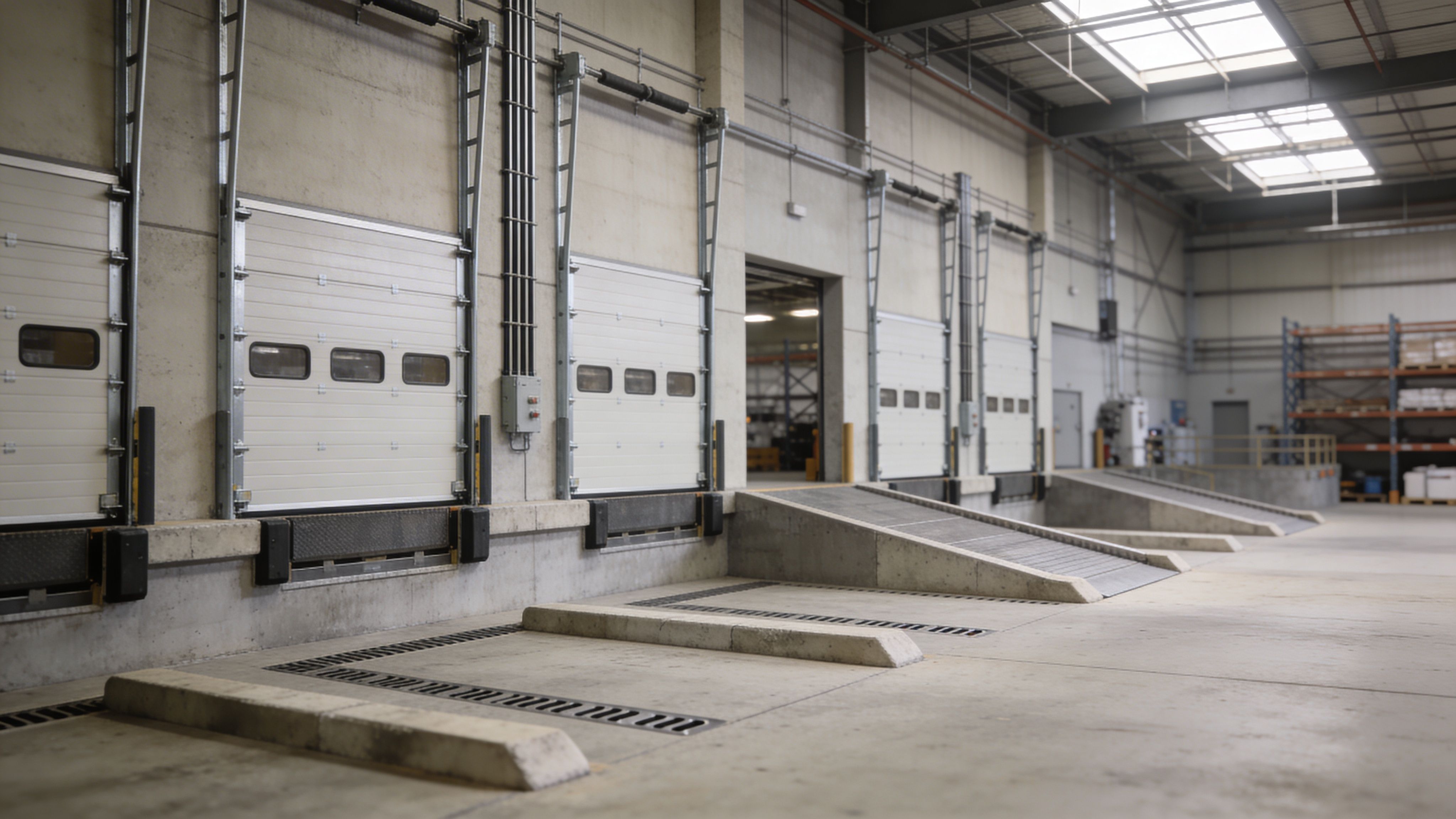 Warehouse loading dock area with multiple bay doors, ramps, and industrial equipment