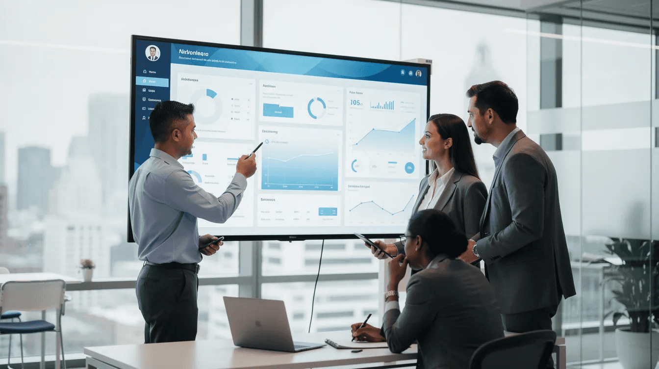 Des professionnels collaborent autour d'un écran numérique dans un bureau moderne, échangeant des idées sur la gestion de la formation et le développement des compétences. Cette scène illustre l'importance de la collaboration dans le cadre de la formation professionnelle et de l'utilisation de solutions numériques.