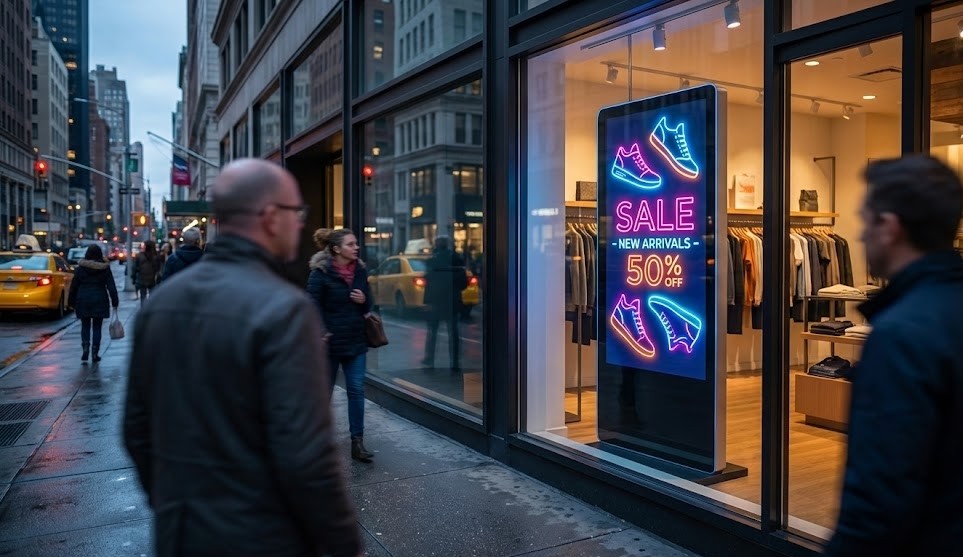 Vitrine de loja de roupa com um grande ecrã digital vertical a exibir publicidade de "SALE - NEW ARRIVALS - 50% OFF" com gráficos de sapatos de néon. A loja é vista do exterior numa rua movimentada da cidade ao anoitecer, com peões a passar.