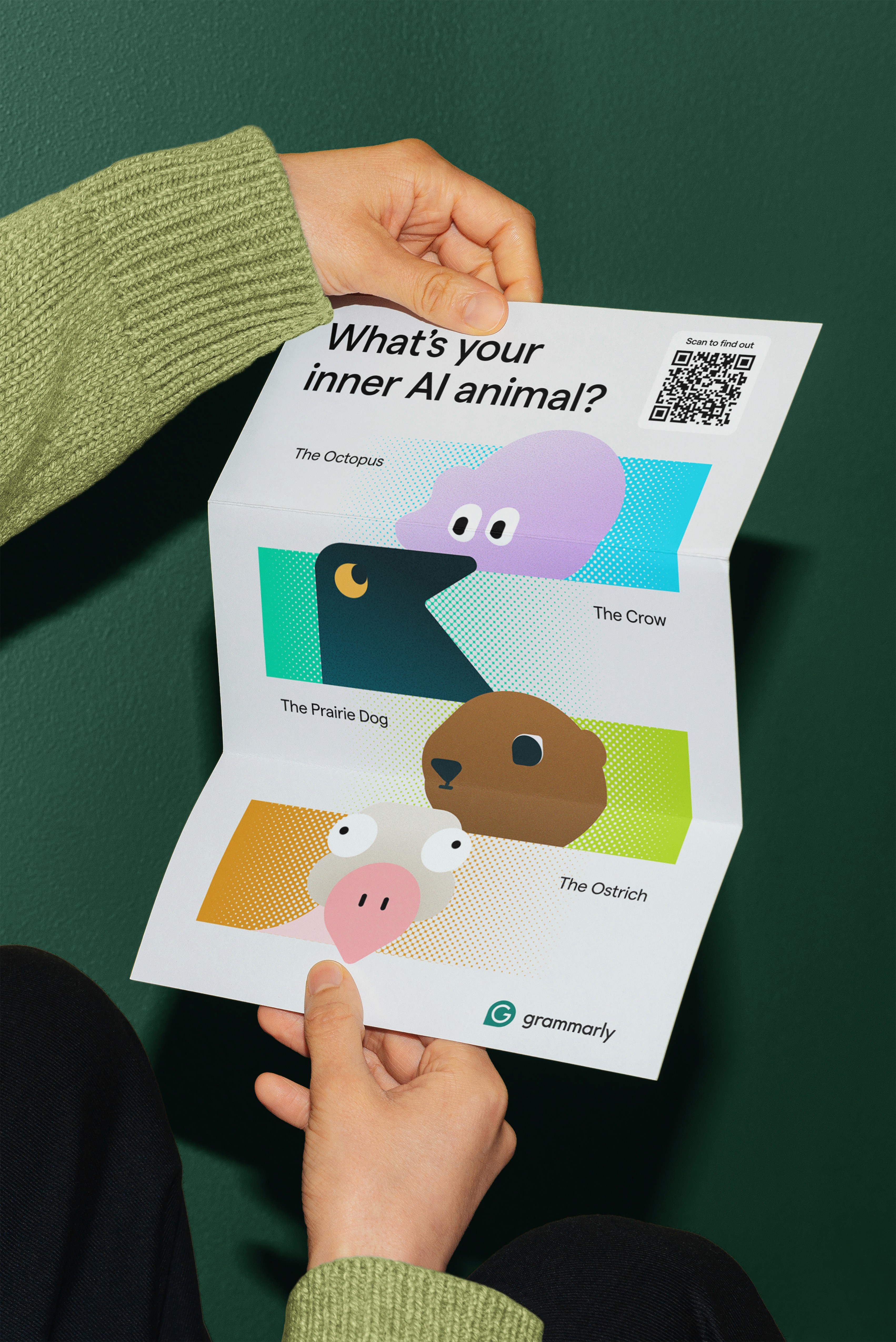 Grammarly print flyer by senior brand designer Eddie Lin with playful character illustrations for tech company marketing campaign.