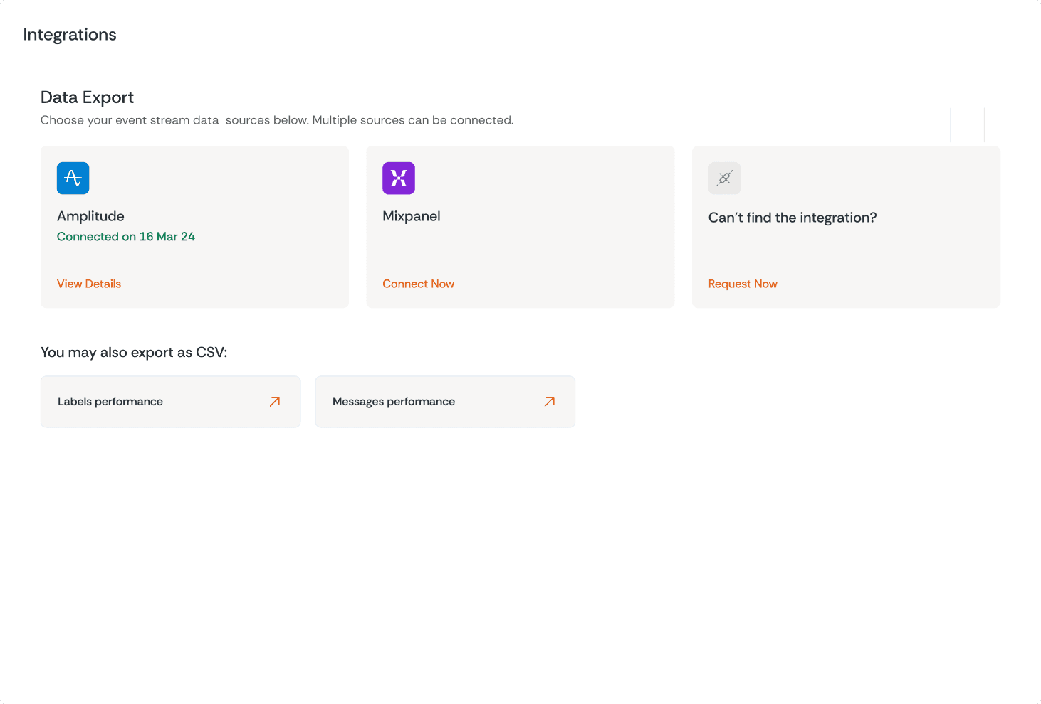 Snapshot of screen showing Integrations with Data Export options