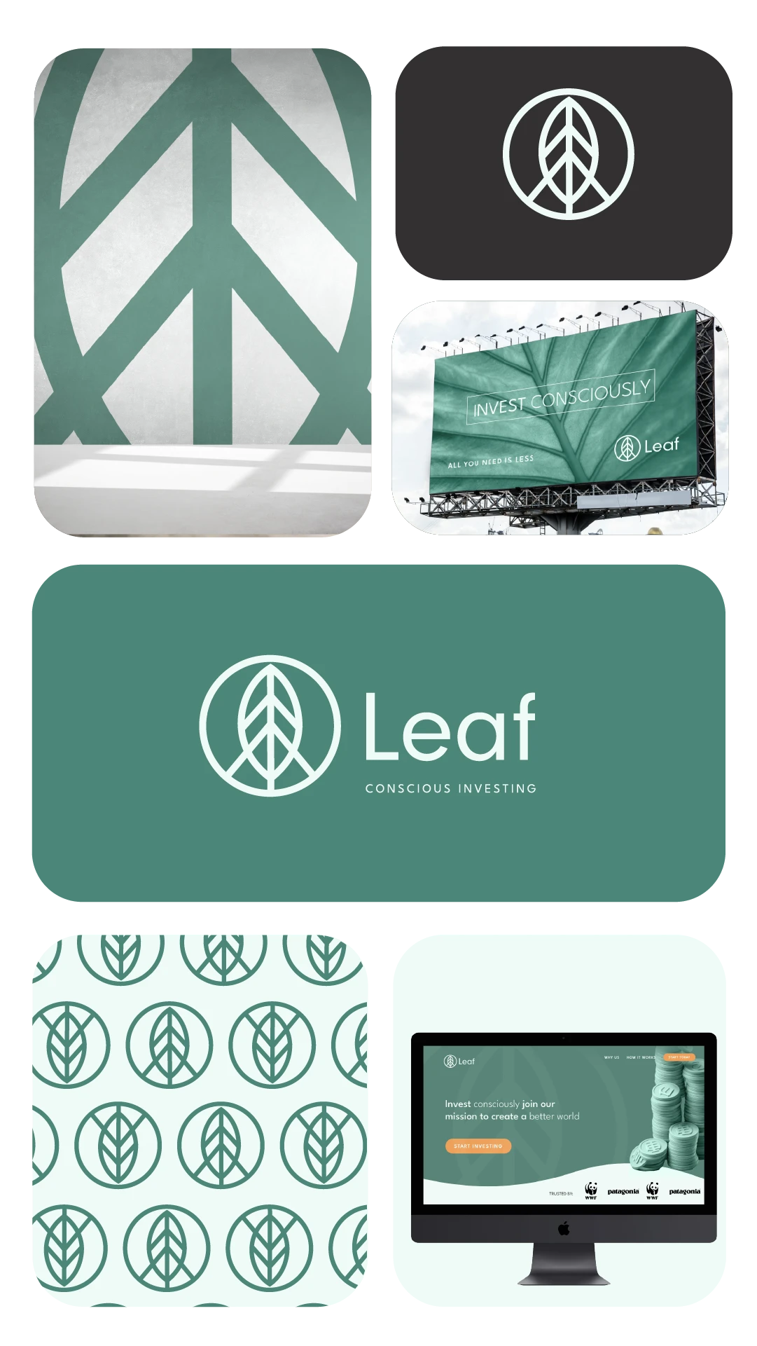 A presentation brand touchpoints (office wall and a billboard) for a sustainable investment company in green and white tones