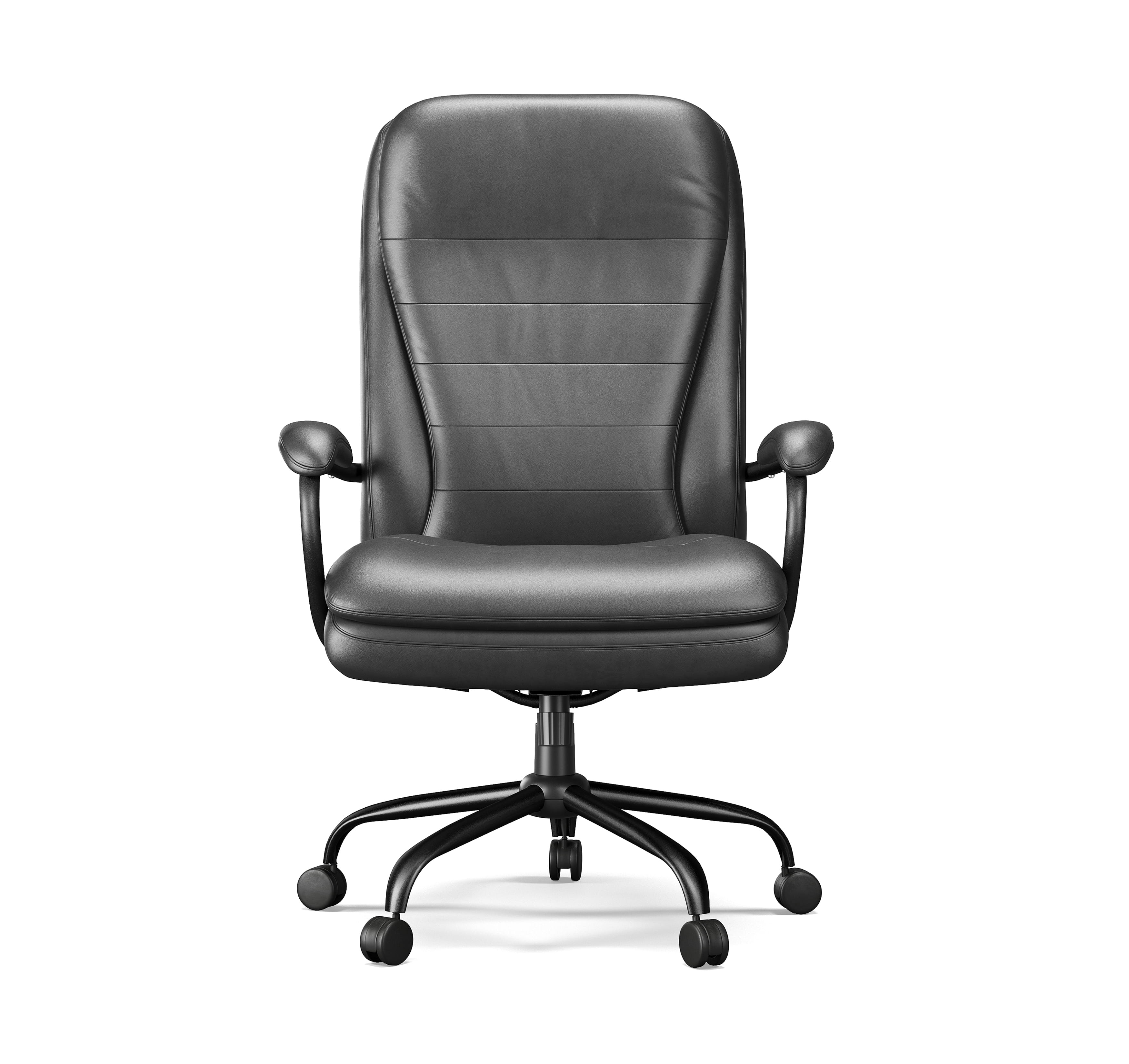 Front view of heavy-duty executive office chair with padded seat and armrests