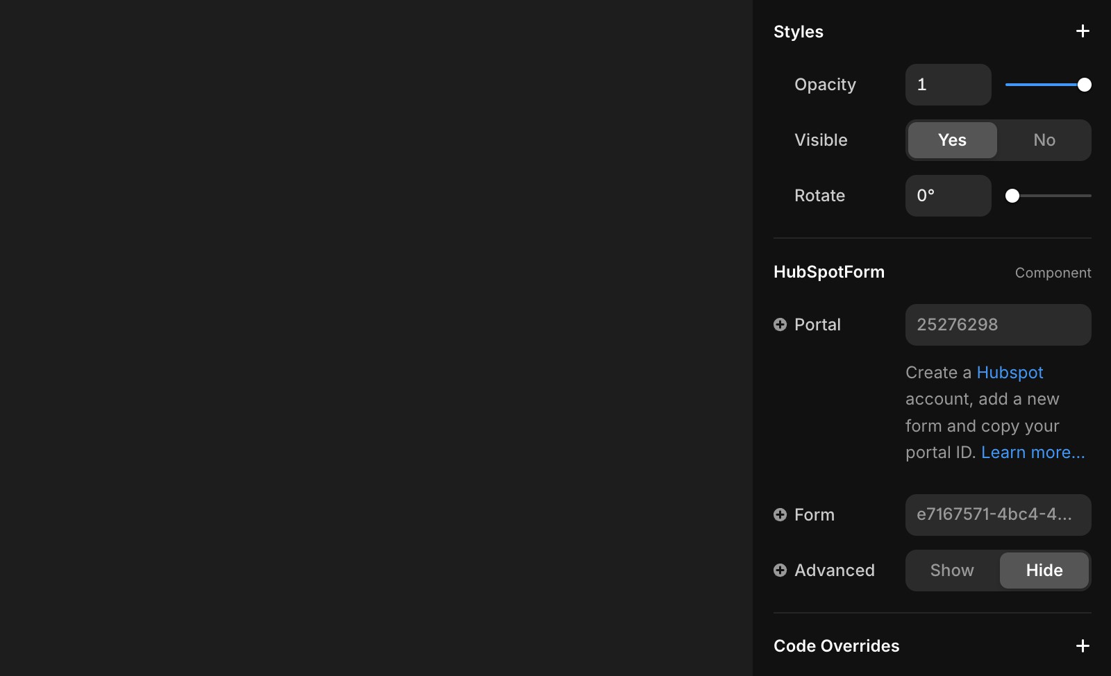 The right menu panel showing all the HubSpotForm options.