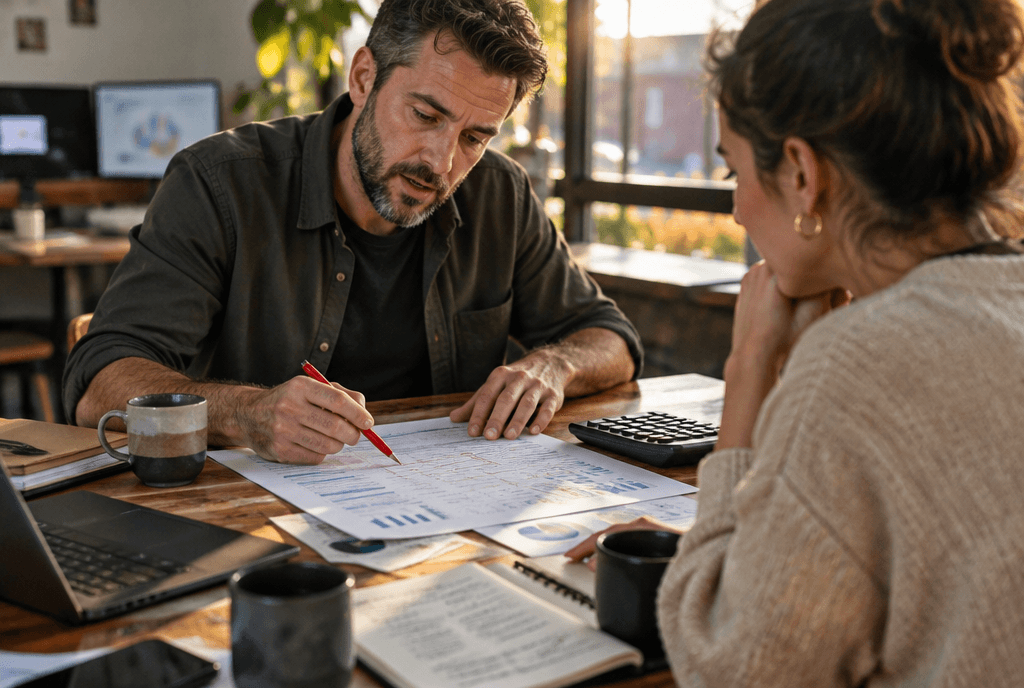 PPC marketer reviewing a printed ad spend report line by line with a client