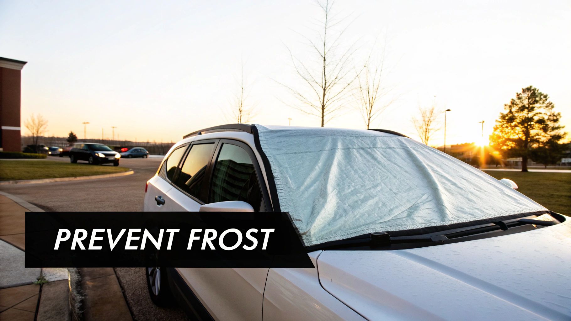 A white car with a silver frost guard covering its windshield, preventing ice buildup.