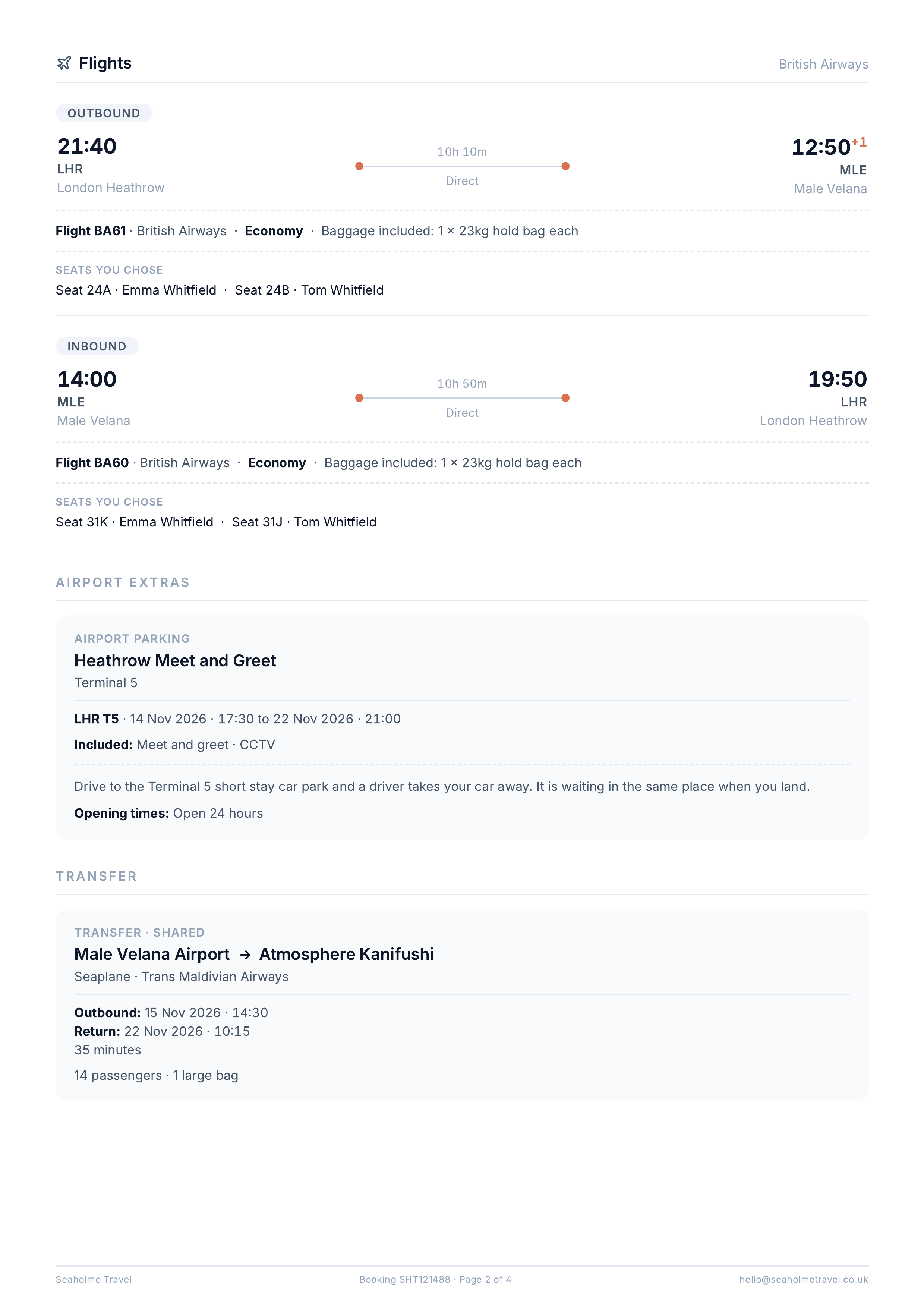 Page two of the A4 booking pack with the flight details