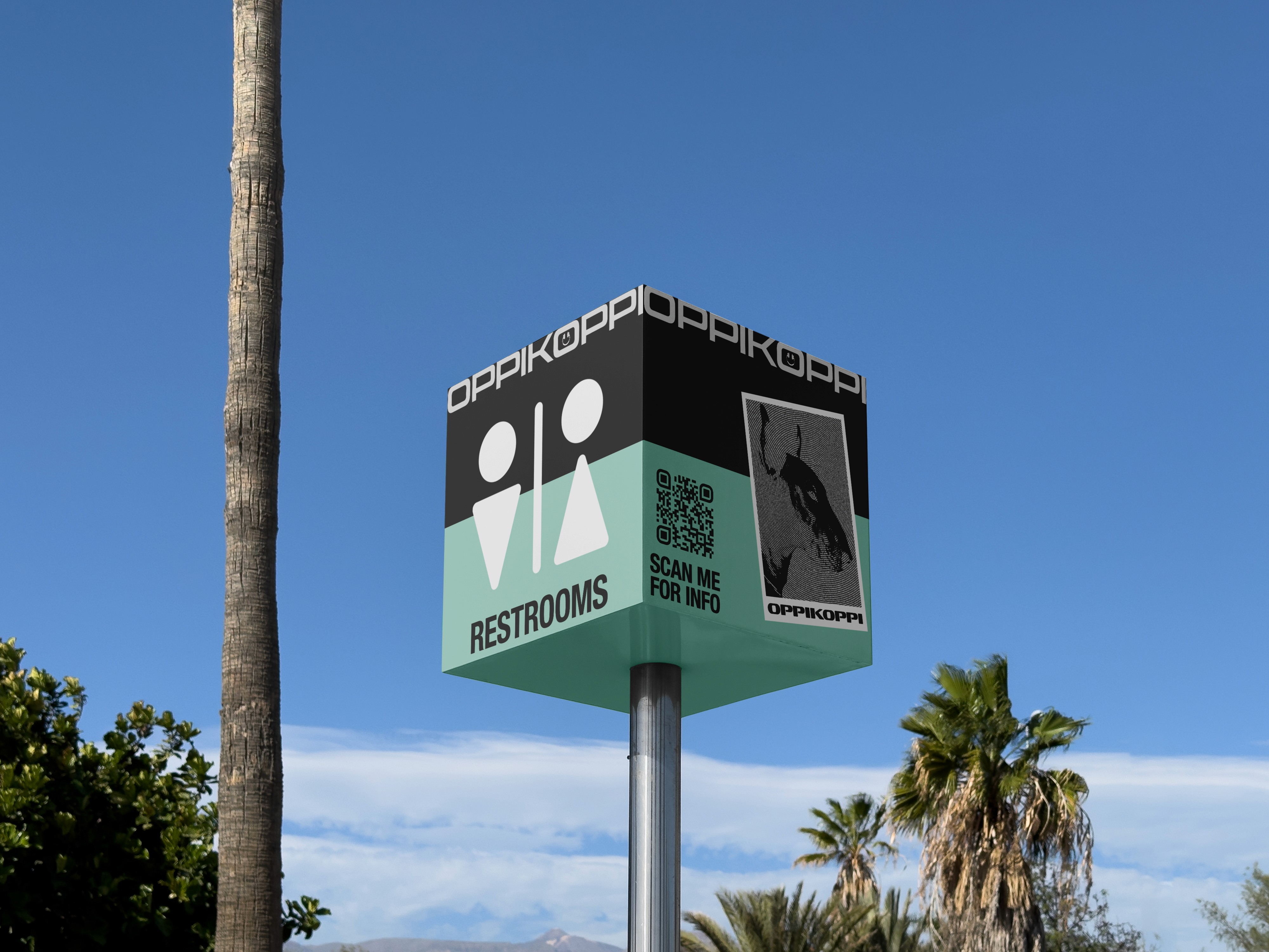 Custom square green environmental wayfinding sign for festival restrooms, featuring minimalist layout icons, a promotional QR code, and sleek modern typography mounted on a pole against a clear blue sky.