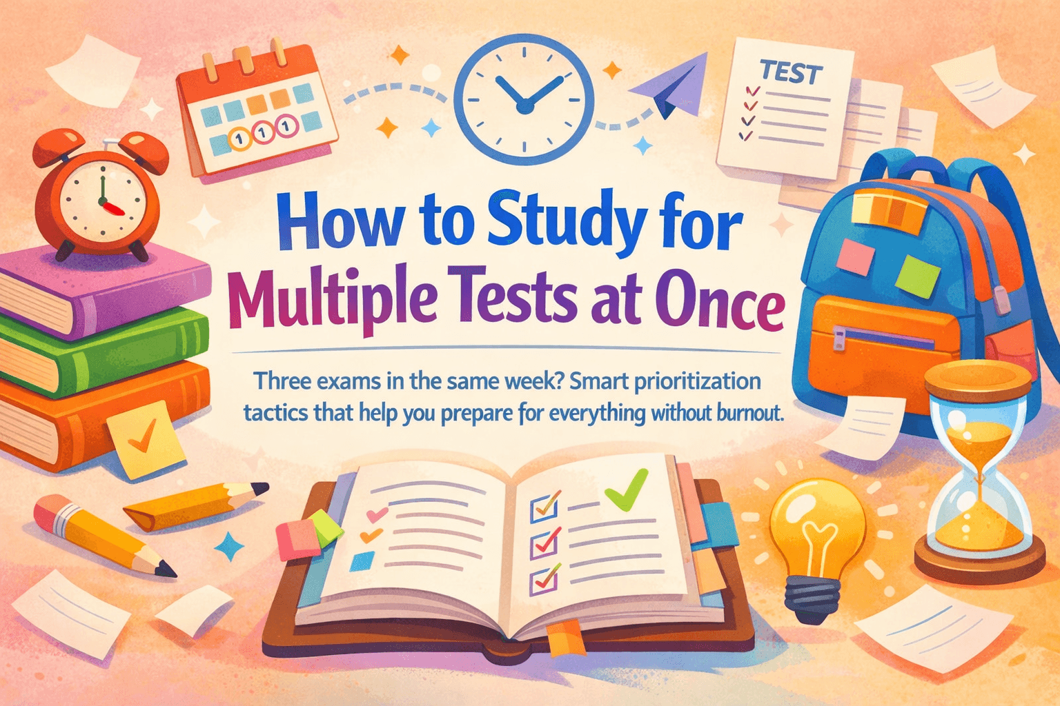 How to Study for Multiple Tests at Once with books, calendar, clock, and checklist visuals showing smart exam planning.