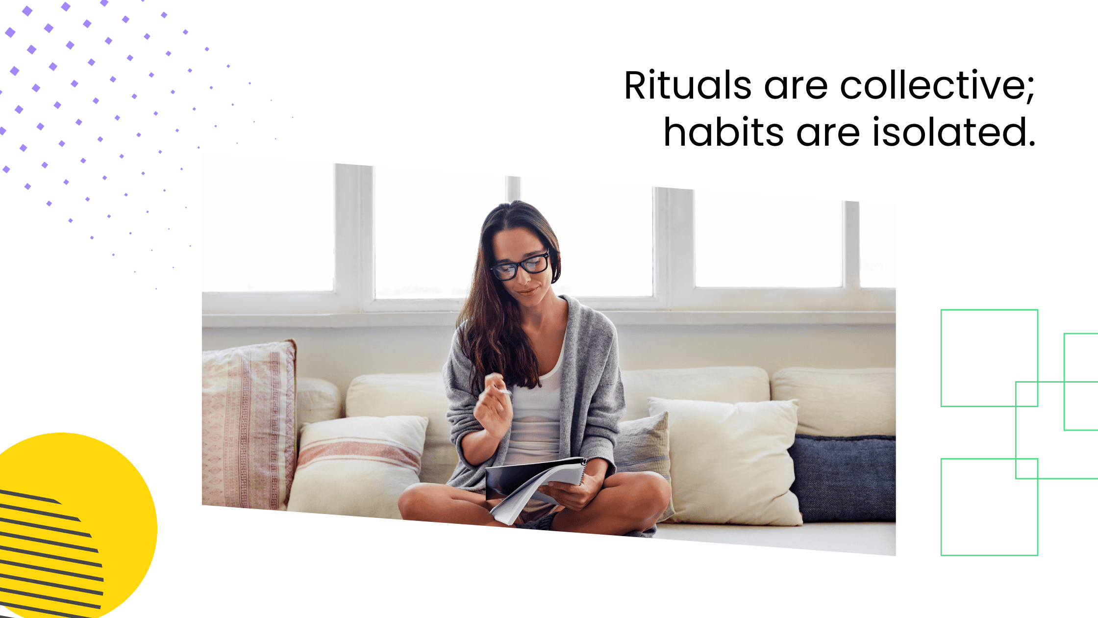 Woman sitting alone on couch reading and thinking, with headline contrasting collective rituals and isolated habits.