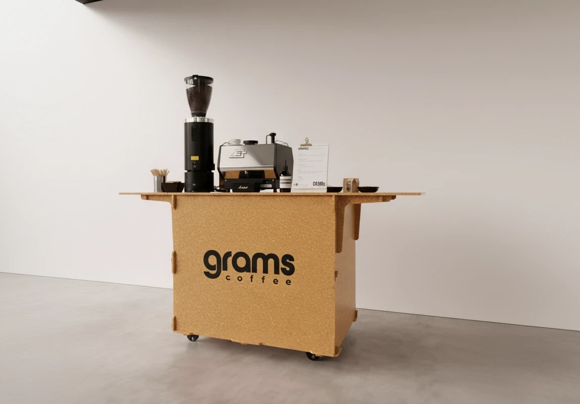 A minimalist coffee cart with the “grams coffee” logo, espresso machine, and grinder set against a plain white wall.