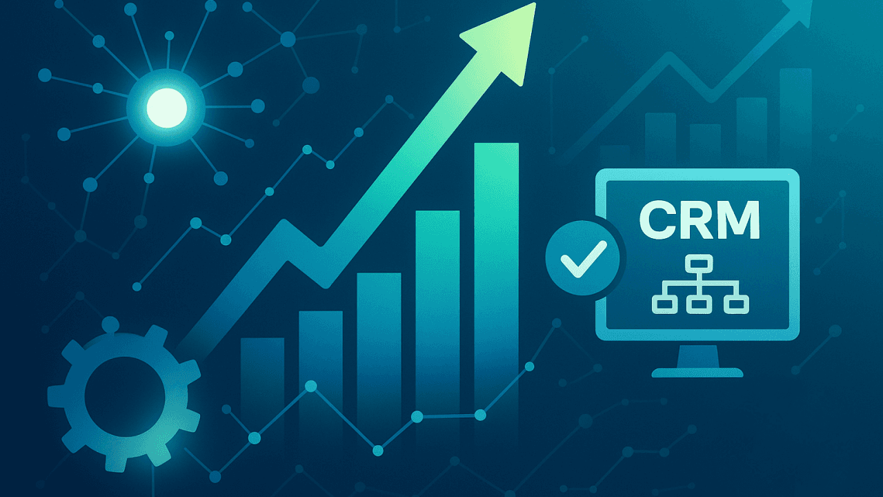 A bar chart and an arrow going up and to the right indicating growth on a blue and futuristic background