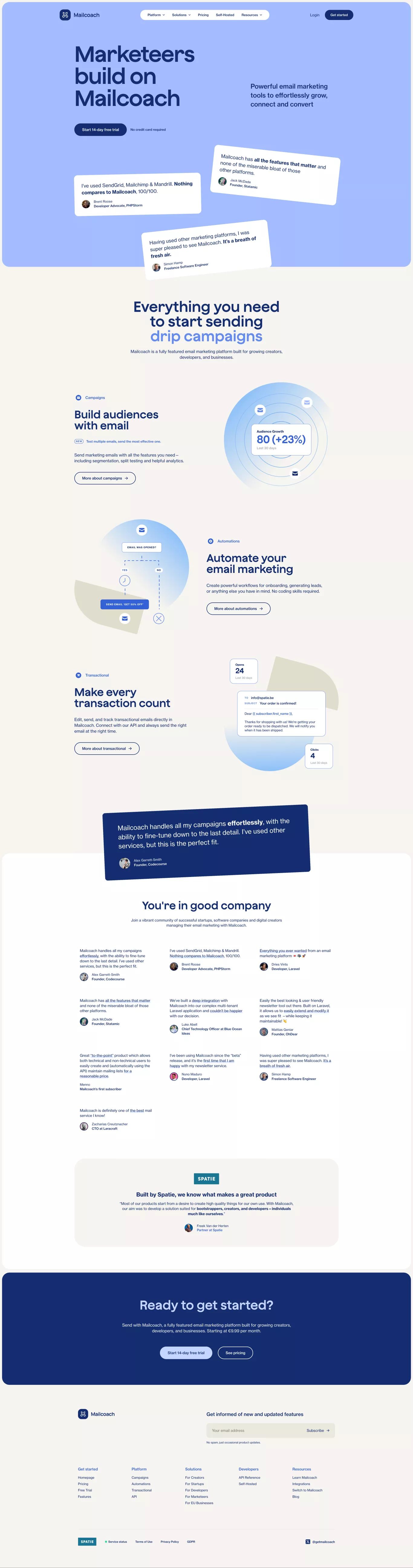 Mailcoach - Powerful email marketing too landing page screenshot showcasing Tech and Marketing design