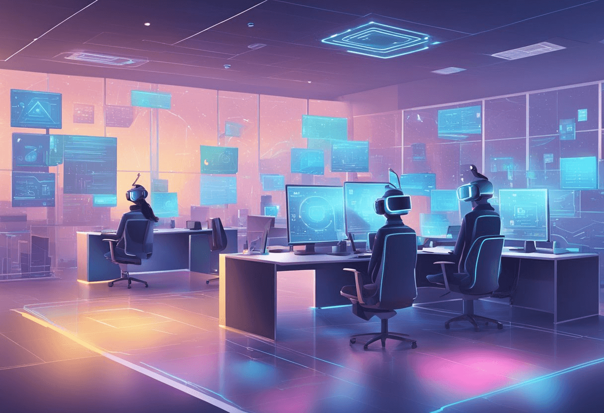 A futuristic office with holographic job postings and AI robots sourcing candidates. Virtual reality headsets and advanced analytics tools are used by HR professionals