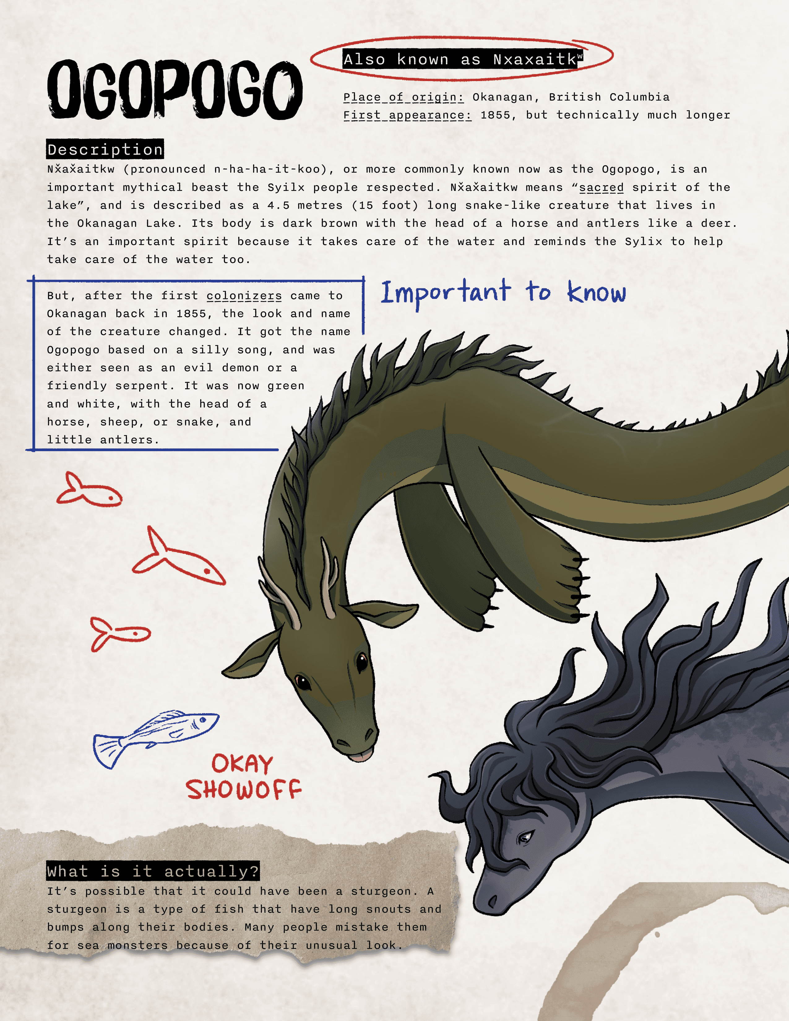 Two page info spread of the activity book, featuring the Ogopogo and the cadborosaurus