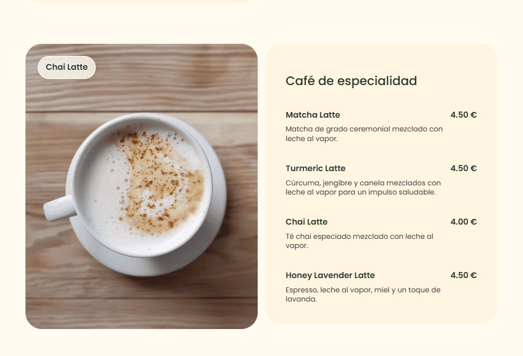 Captura de pantalla de la página web Cafetería Momento