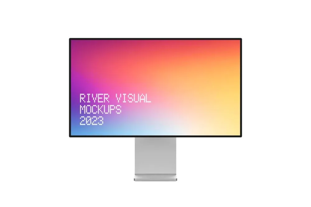 A minimal desktop monitor mockup with a slim black bezel and silver stand, displaying a vibrant gradient screen transitioning from pink to orange to blue, set against a white background.