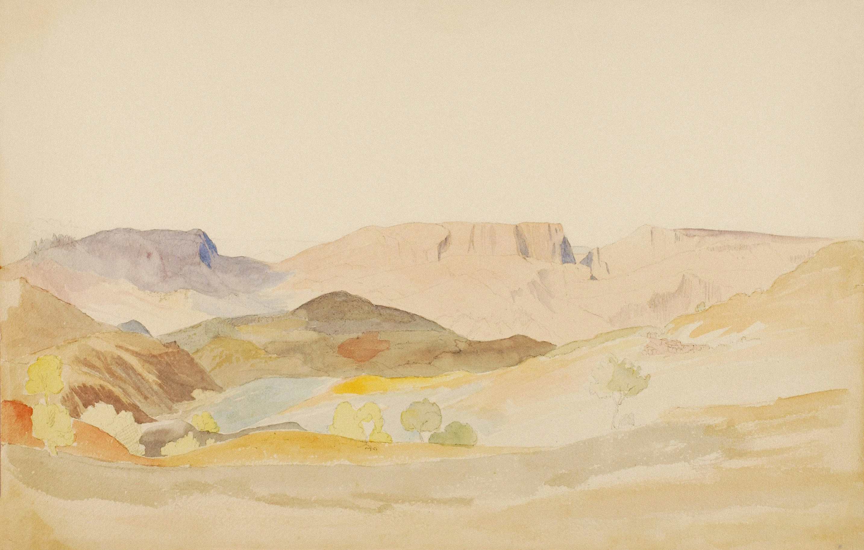 Watercolor landscape of rolling hills and distant mesas.