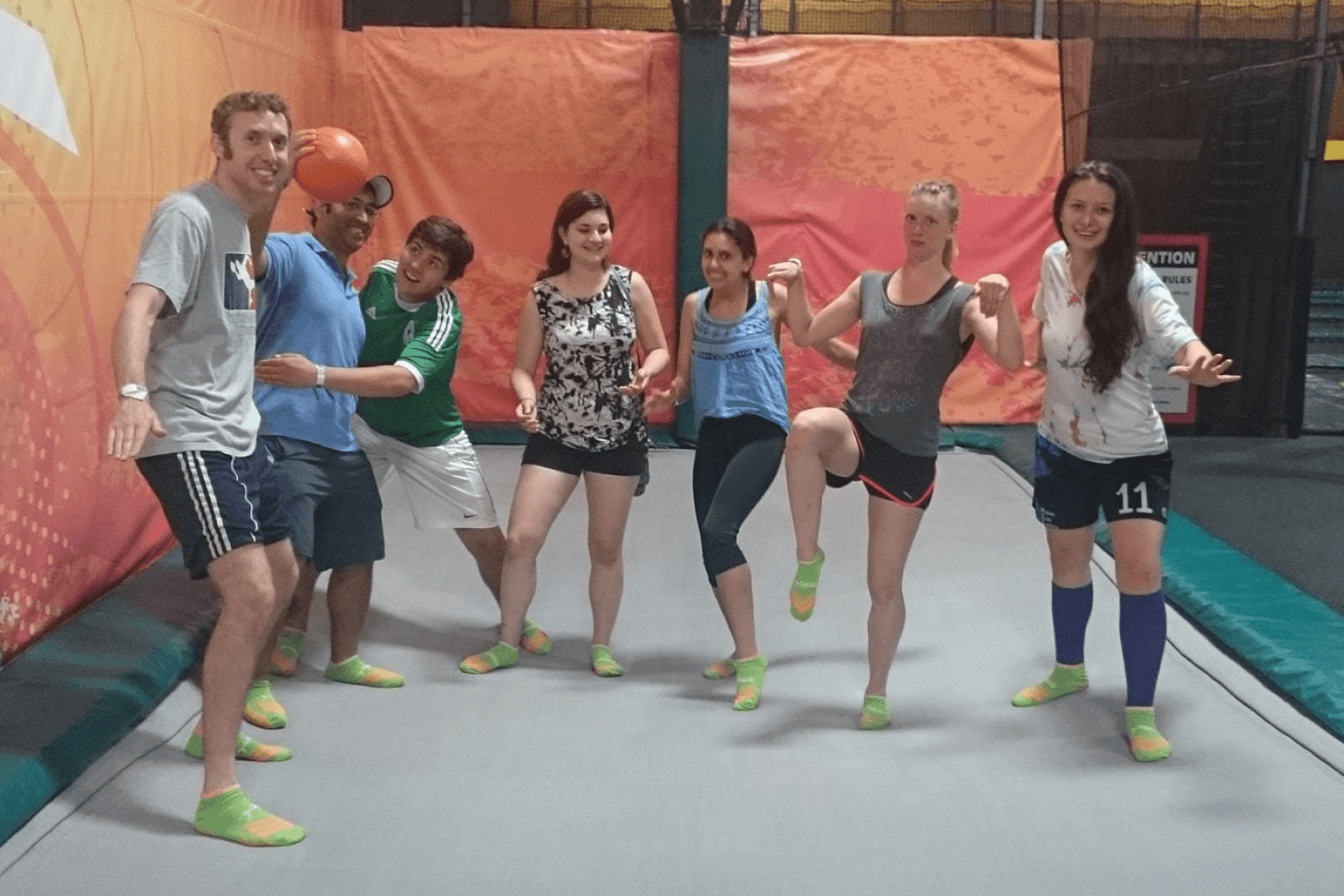 Founders of Silicon Valley Vipers in neon green socks at trampoline park