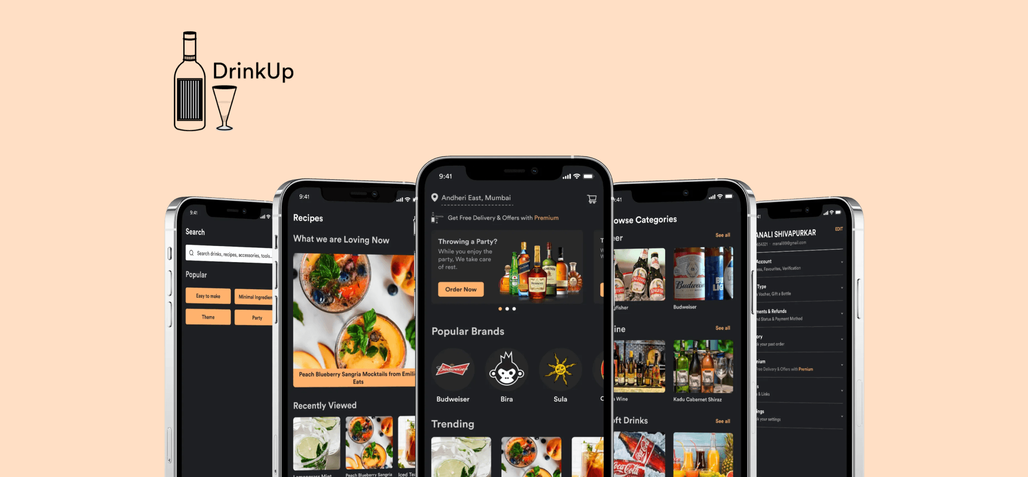 Various screens of the mobile app, featuring homepage, recipe, product, gift, and profile pages