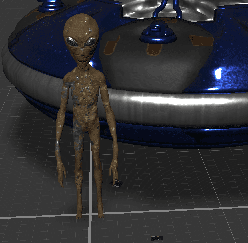 Three-dimensional model of the Subway Alien standing beside its metallic spacecraft.