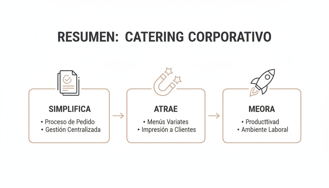 Diagrama que muestra cómo el catering corporativo simplifica procesos, atrae clientes y mejora productividad laboral.