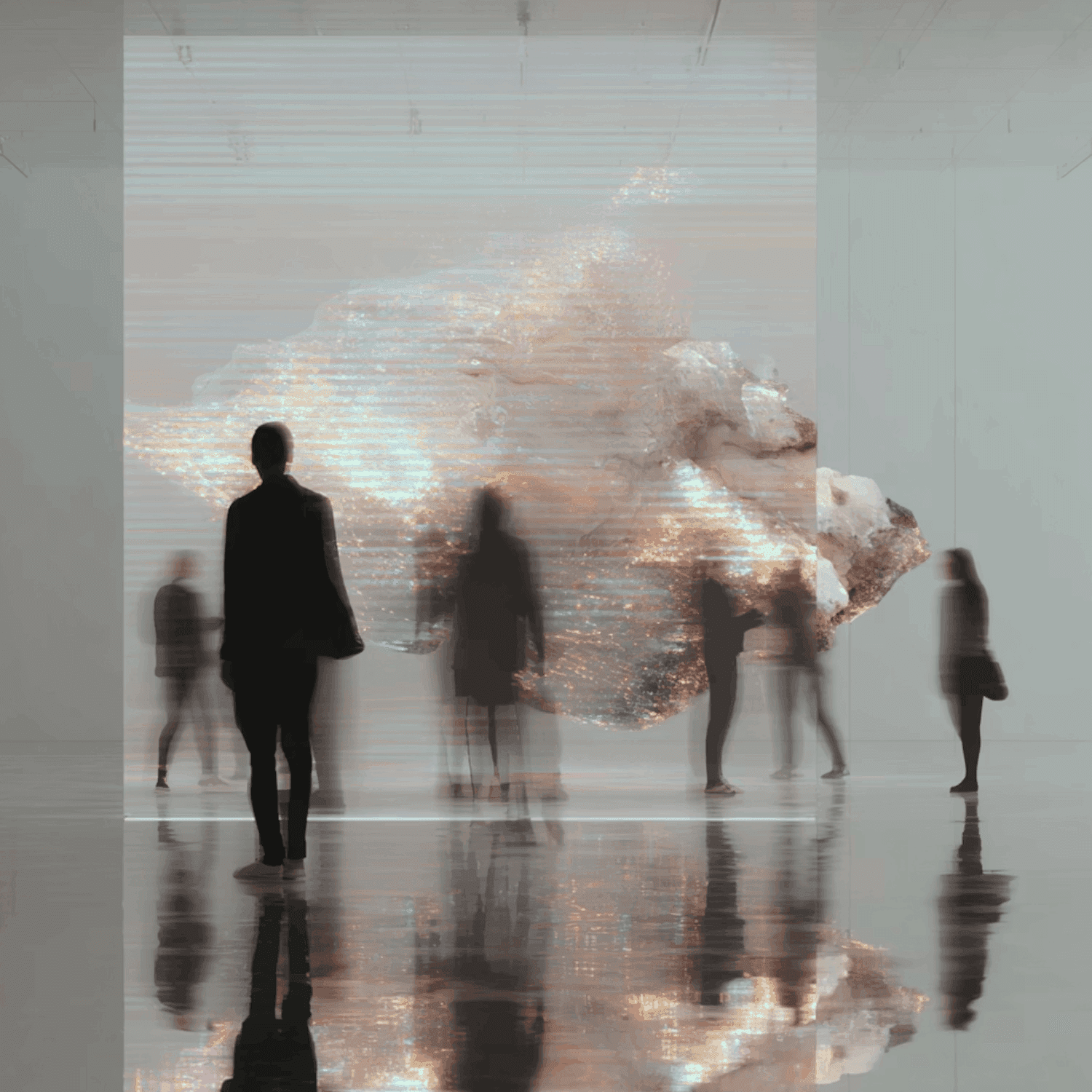Silhouettes of people walking near luminous abstract sculpture