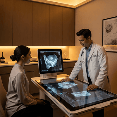 Patient and doctor reviewing full body health check images on digital screen during intelligent screening.