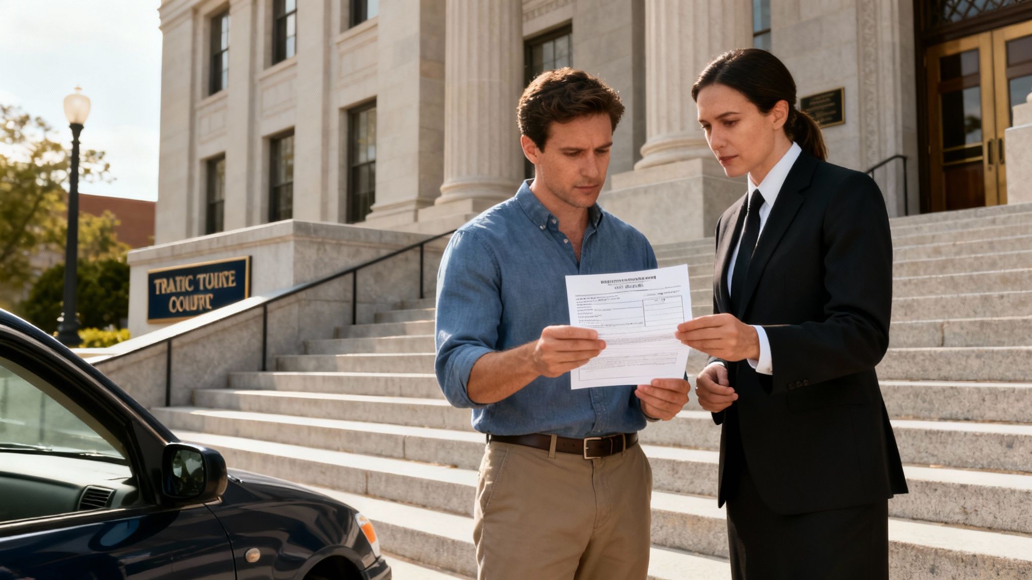 A man and a woman discuss documents in front of a building with a 'TRATIC TUINE COURT' sign.