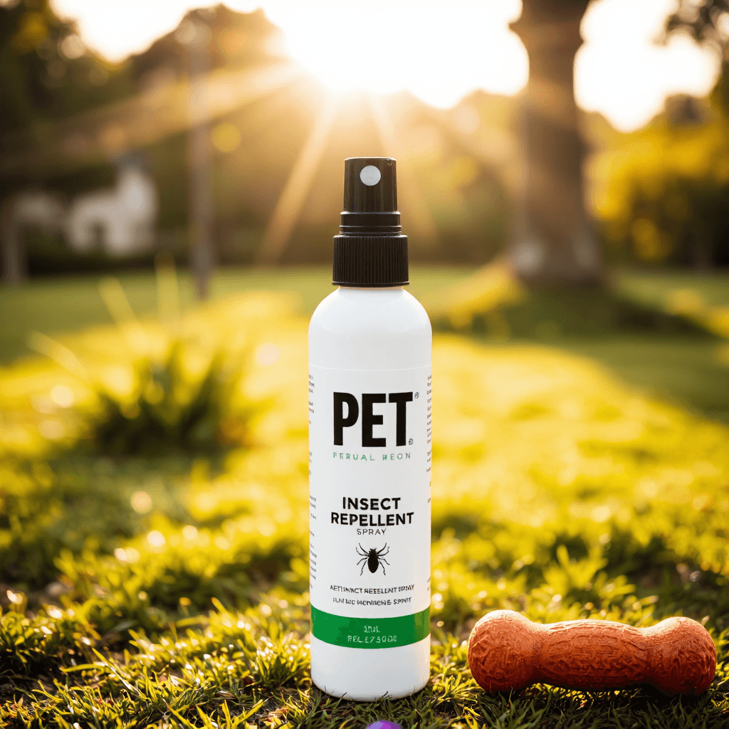 product photography of a bottle of insect repellent spray for pets