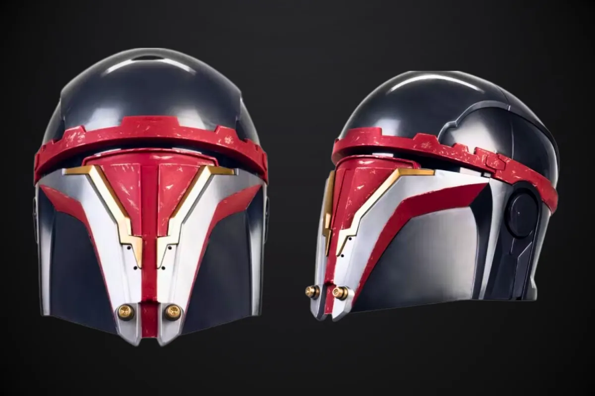 A close-up view of Darth Revan’s iconic Mandalorian-inspired mask, shown from the front and side angles. The mask features a metallic design with red, black, and silver accents, highlighted by golden detailing along the edges. The weathered texture gives it a battle-worn appearance, emphasizing its legendary status in Star Wars lore.