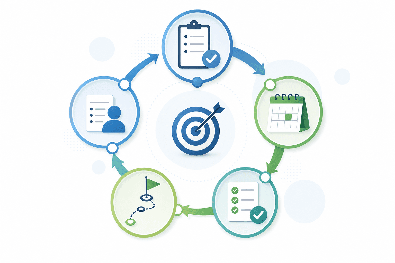 A clean, modern illustration showing a circular five-step process or workflow diagram. The design features connected nodes or stages flowing in sequence, with arrows indicating progression. Visual elements include clipboards, checklists, calendars, and target symbols to represent planning, goal-setting, and milestone tracking. Professional color palette with blues and greens, minimalist style, suitable for business and HR contexts. No text or letters.
