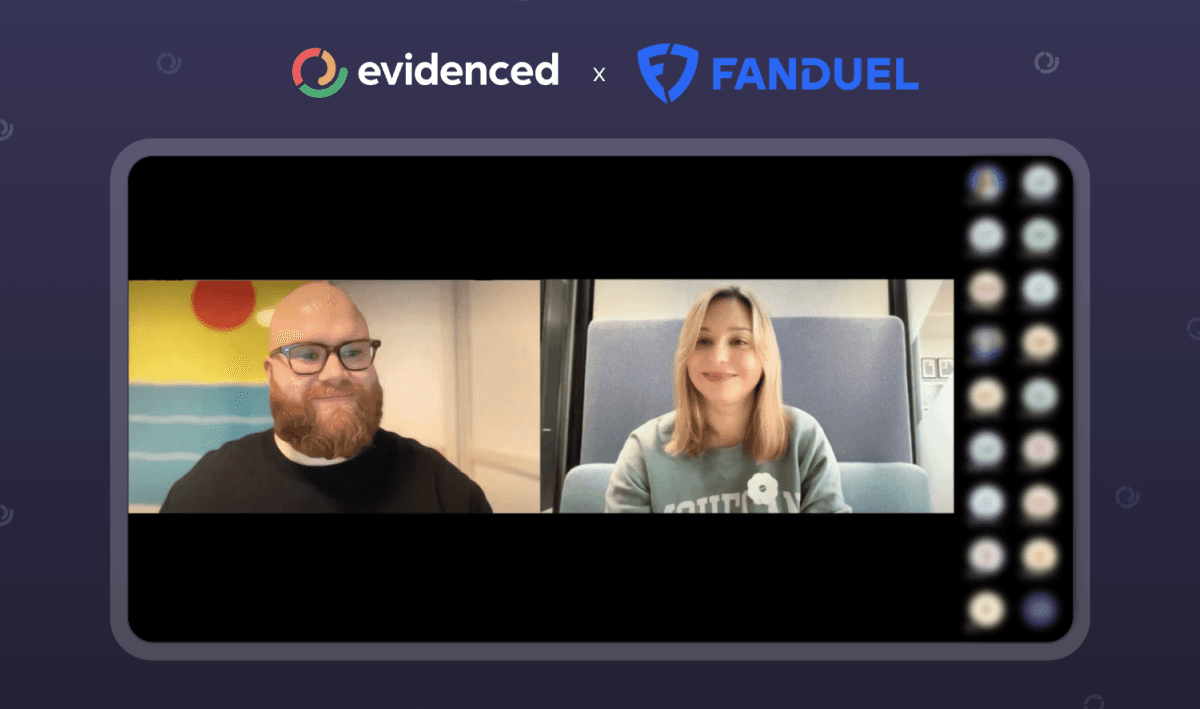 Screenshot of an online webinar with a man and woman smiling on separate screens with the Evidenced and FanDuel logos above them