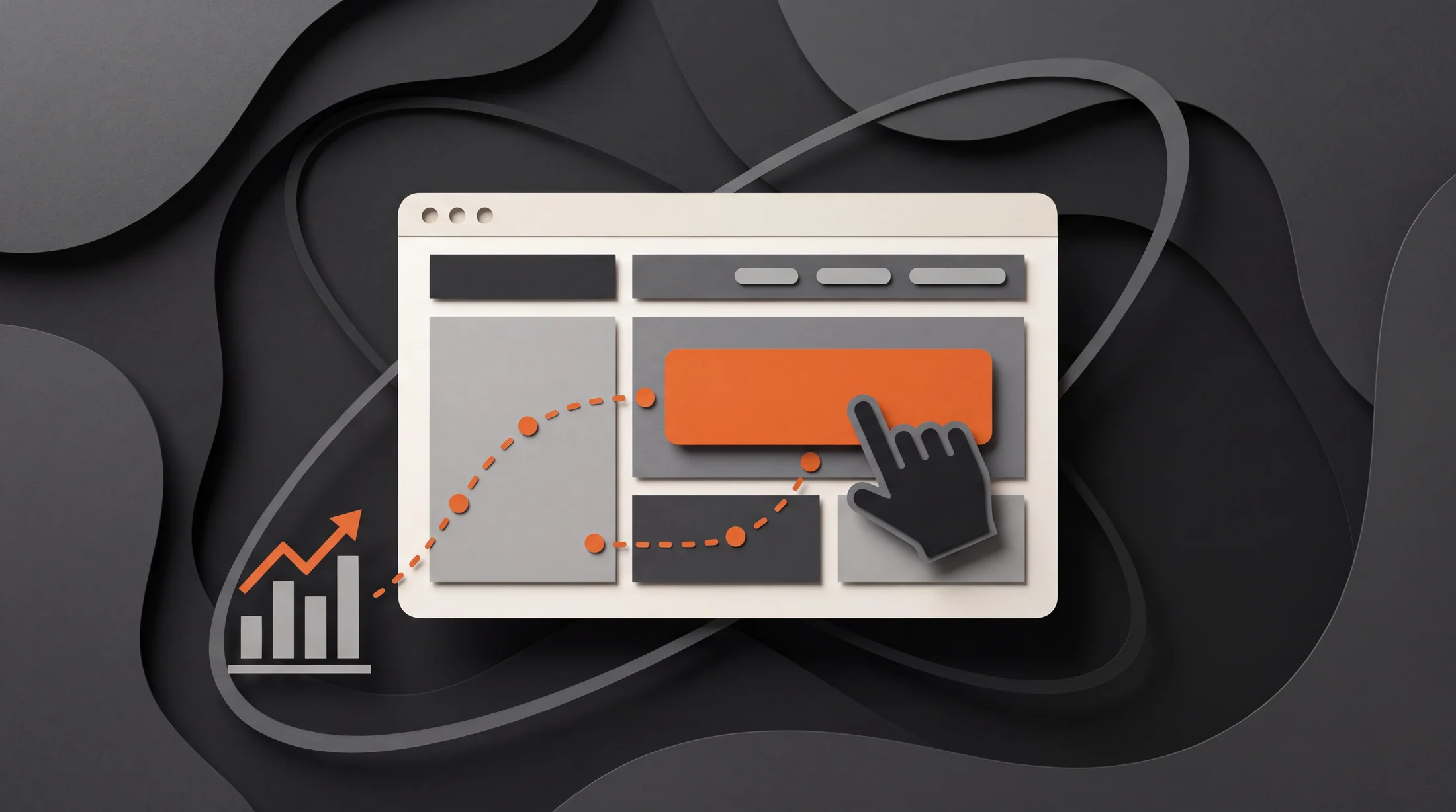 A cursor selects an orange call-to-action button on a cream website layout beside a small analytics chart, illustrating conversion optimization.