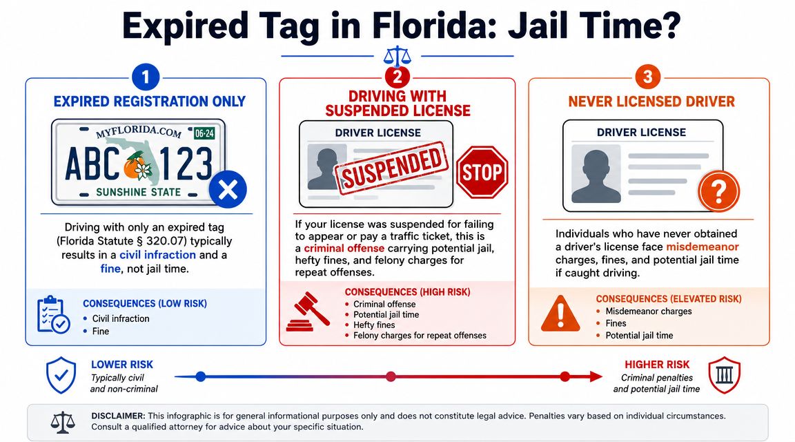 An infographic explaining the potential legal consequences and jail time for expired car tags in Florida.