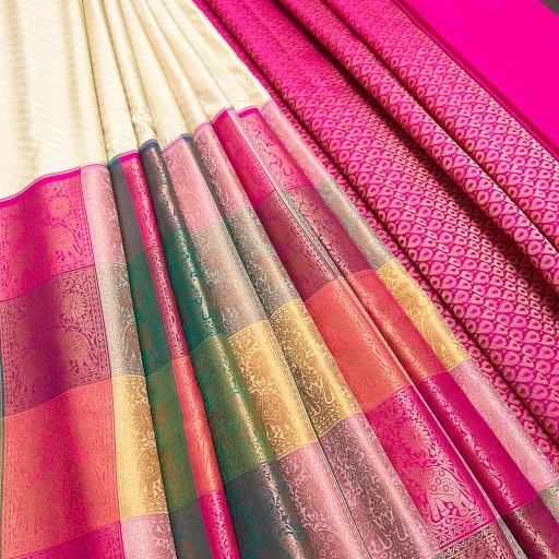 Cream Half & Half Semi Kanchivaram Art Silk Saree