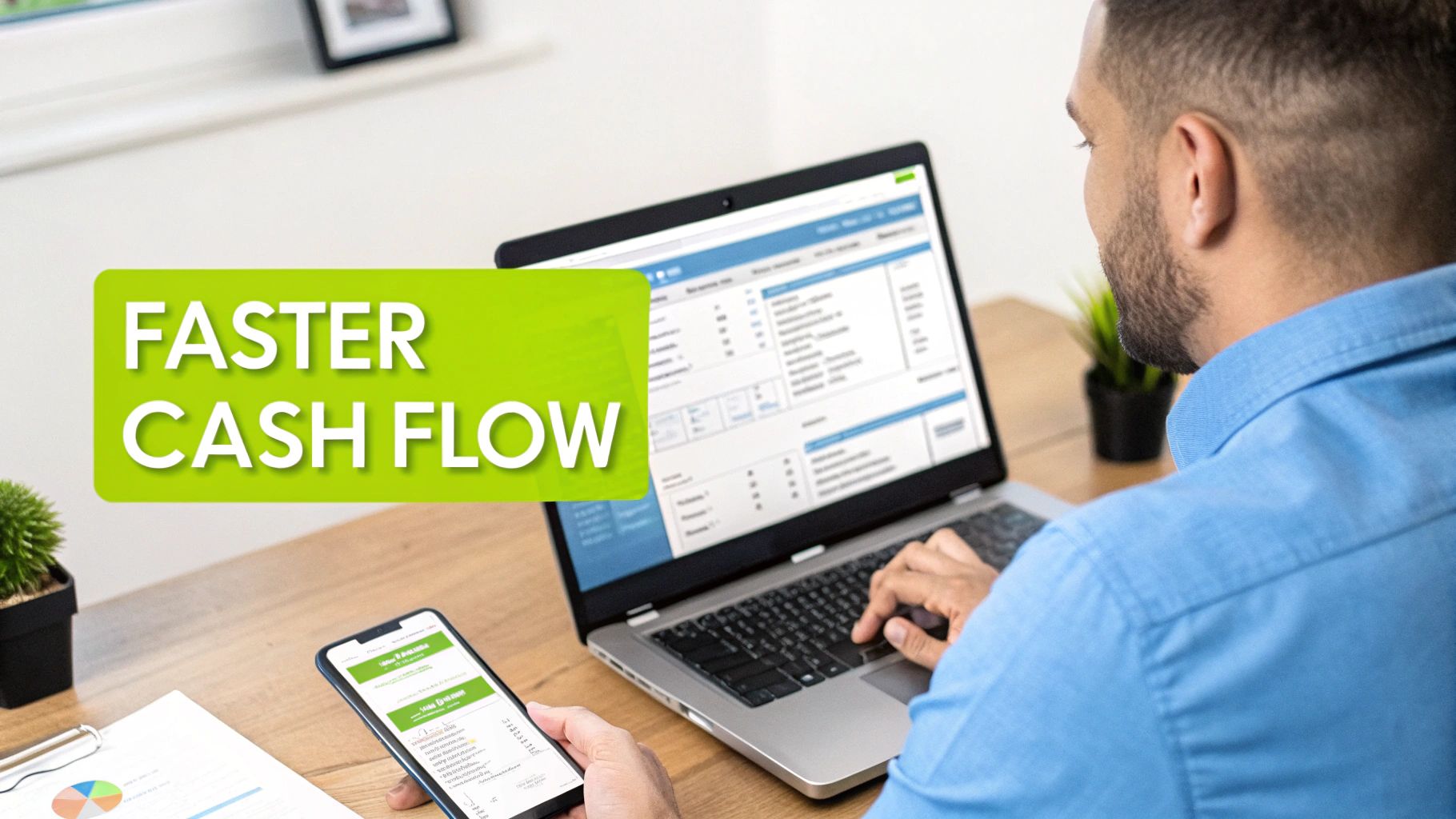A split-screen visual showing a cluttered desk with paper invoices on one side and a clean desk with a clear AR dashboard on the other.