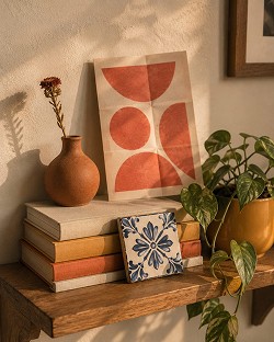 A cozy shelf displays a terracotta vase, abstract red geometric art, stacked books, a blue patterned tile, and a plant in a yellow pot, casting soft shadows.