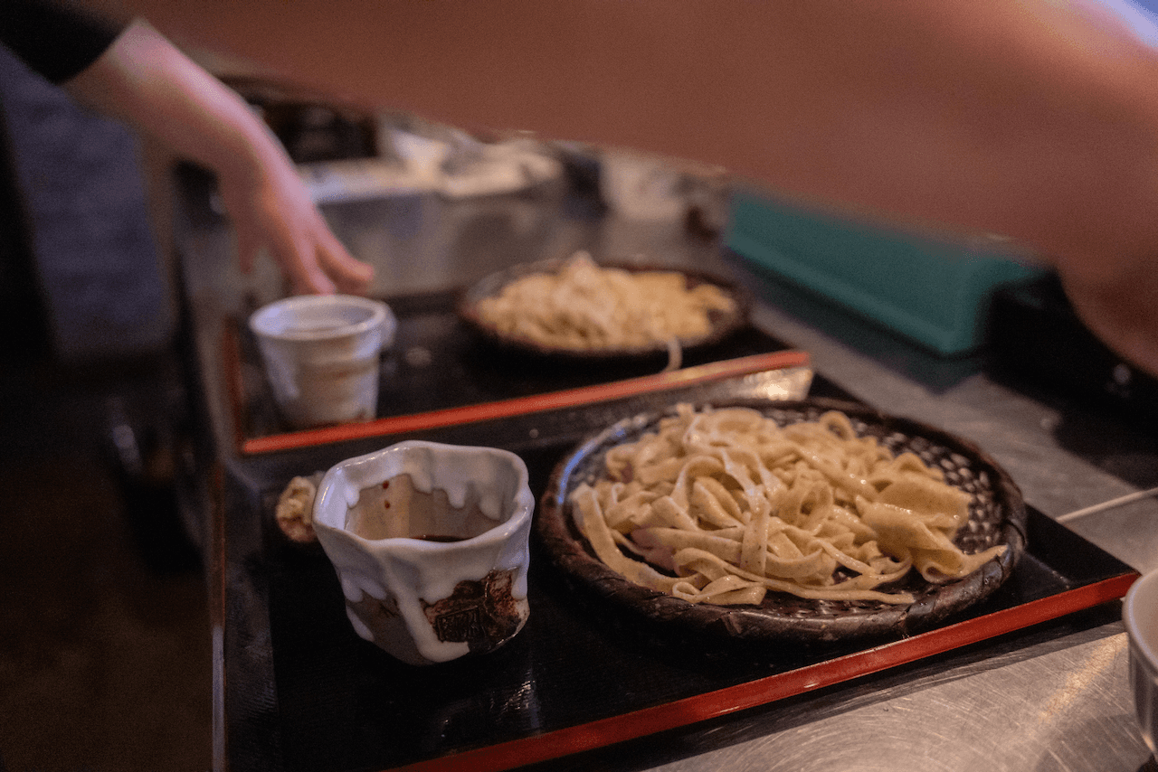 Fresh soba noodles ready to be served