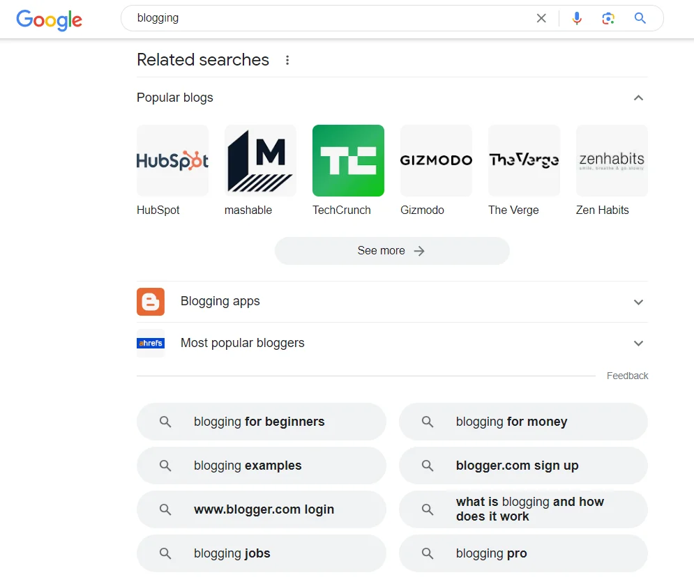 Google Related Searches section of the keyword blogging