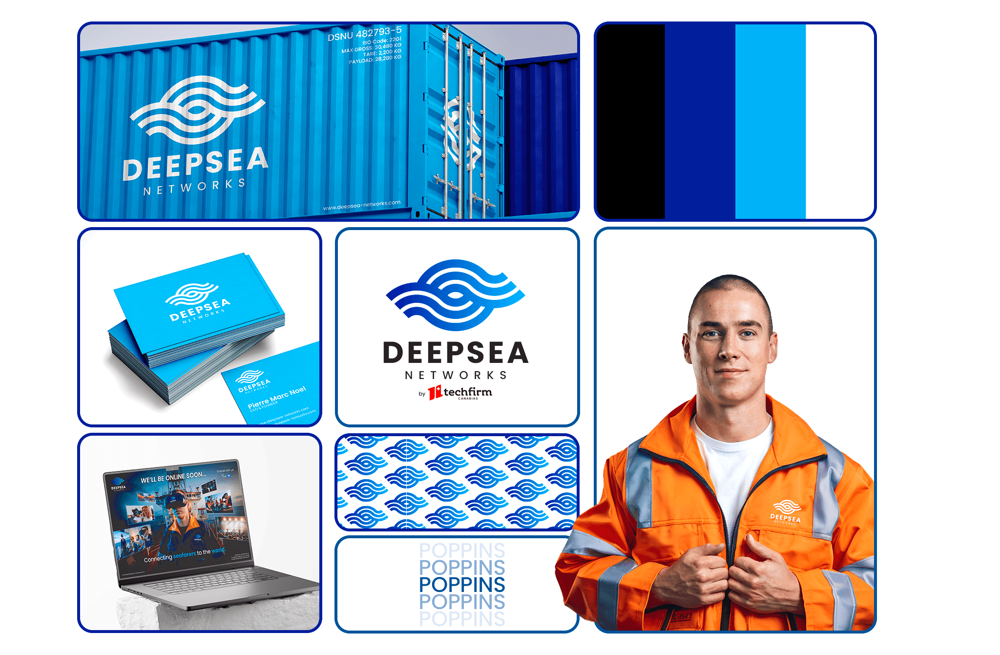Deepsea Networks branding on containers, business cards, and uniforms, showcasing a maritime theme with blue tones for global connectivity.