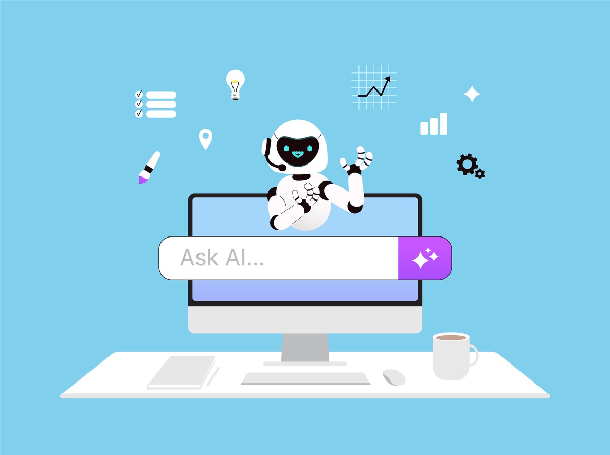 Illustration of AI robot emerging from computer monitor surrounded by tech icons.