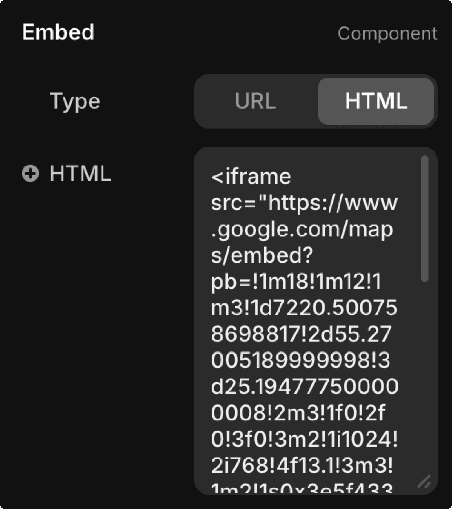 Inserting the iframe code in Framer to display a Google Maps location on the website