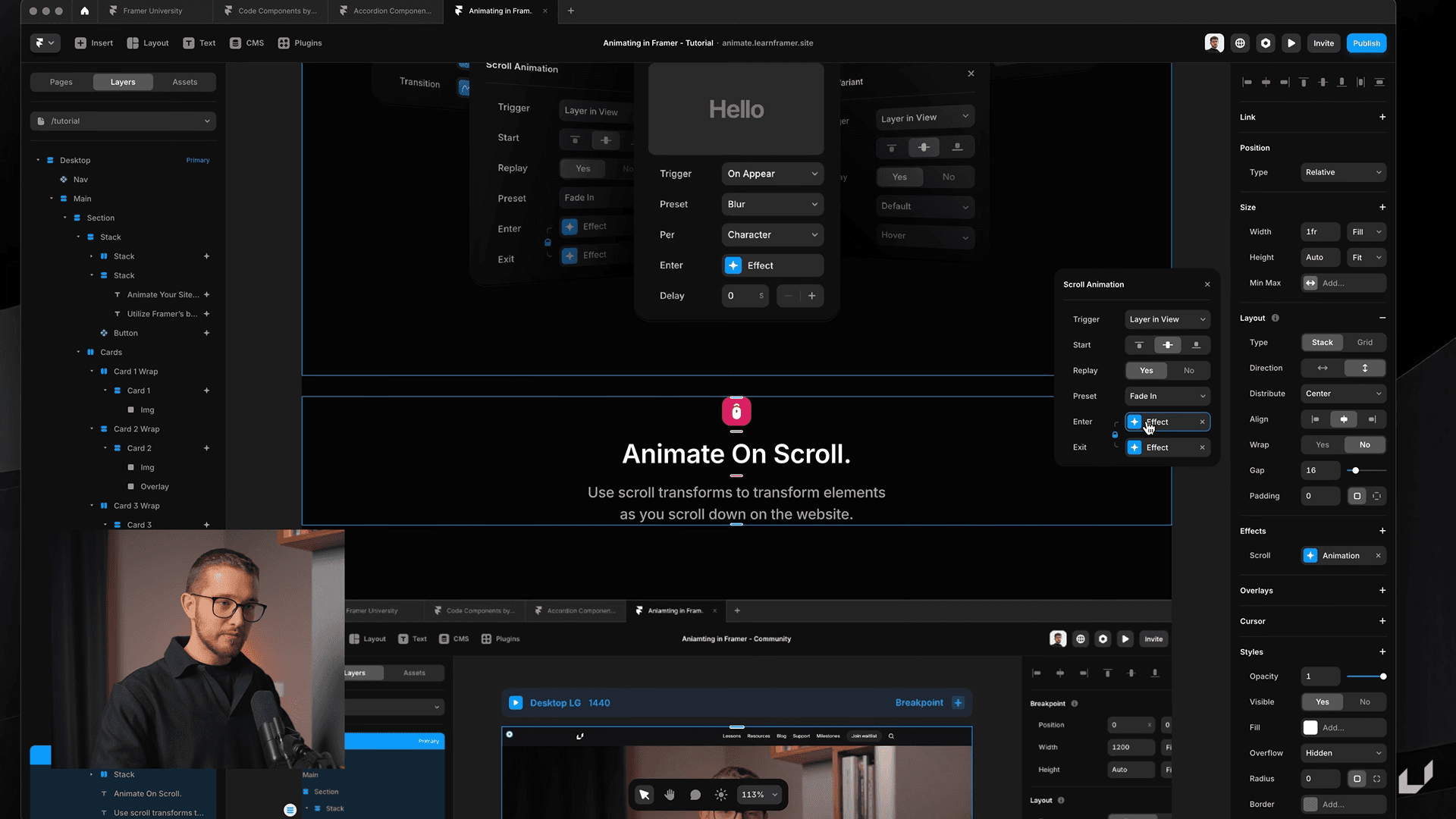 Framer workspace with scroll-triggered animation settings