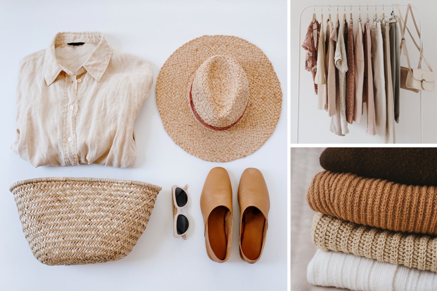 A curated selection of neutral fashion essentials, including linen shirts, knitwear, tonal trousers and accessories, showcasing effortless, timeless styling in soft earthy shades.