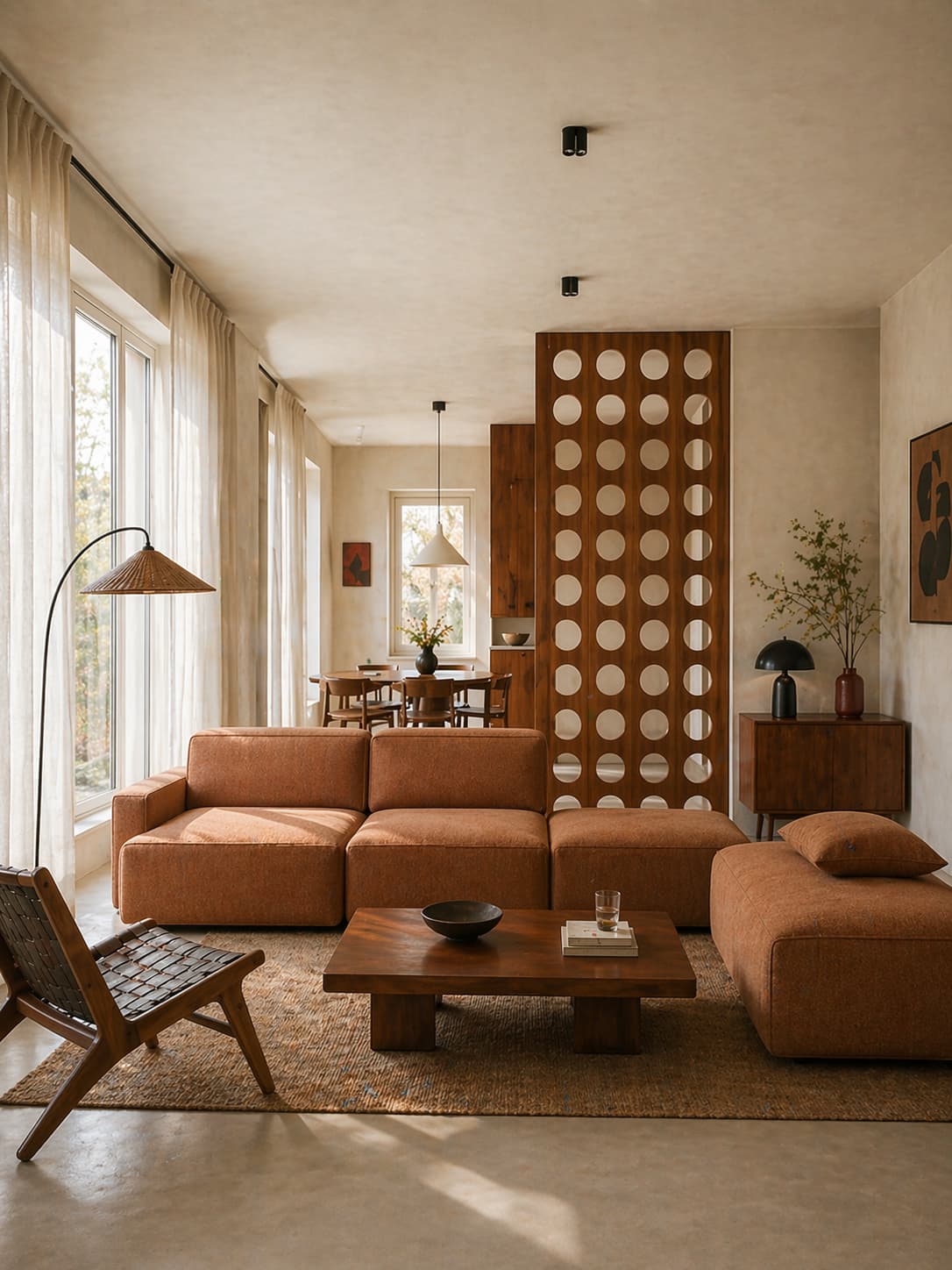 A modern living room features a warm, earthy color palette with an orange sectional sofa, a wooden coffee table, and a textured wicker chair, illuminated by natural light streaming through large windows with sheer curtains; a wooden partition with circular cutouts separates the space from a dining area, enhancing the mid-century aesthetic.