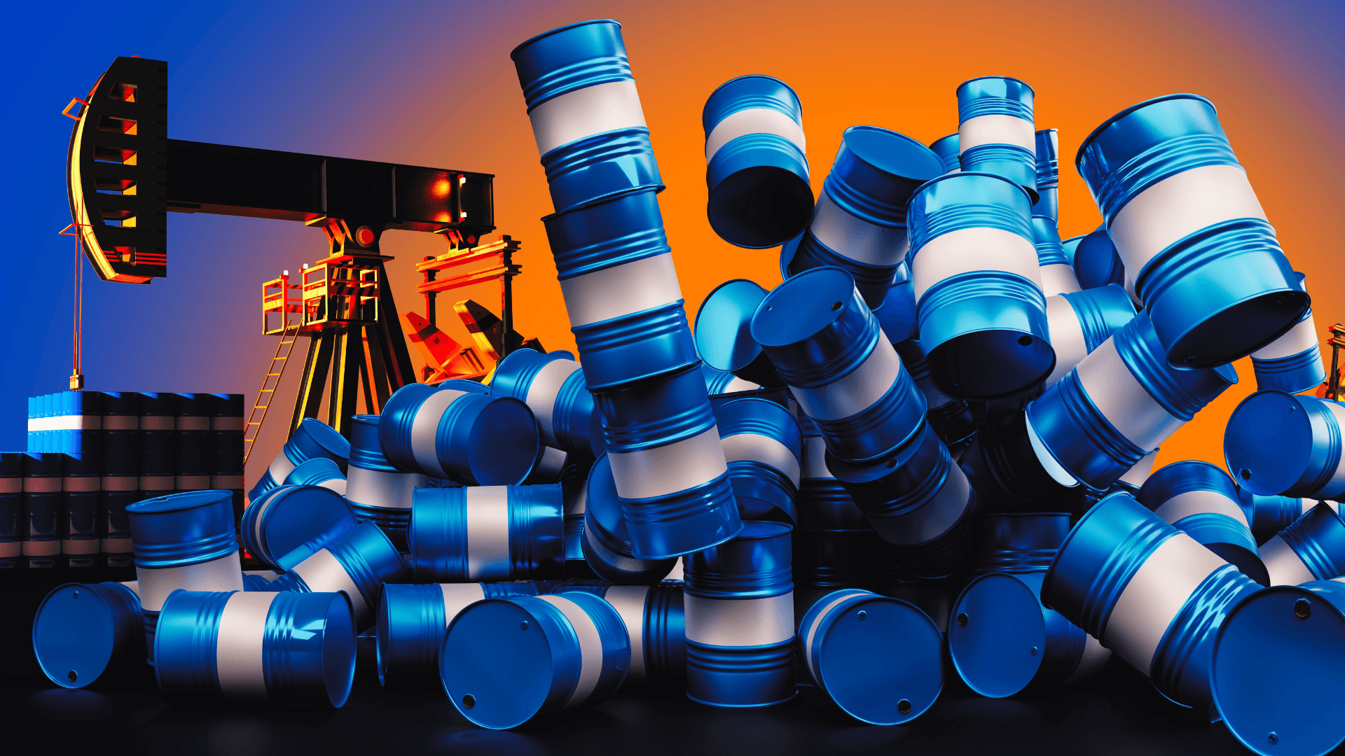 Barrels crude oil are falling. Oil production shortage concept. Falling blue fuel barrels. Oil pumps with cask. Panoramic shot. Metaphor for stopping fuel production. Petroleum deposits.